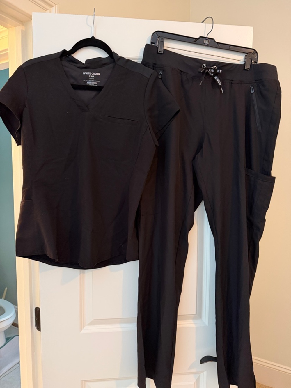 White Cross Black Medical Scrub Top and Drawstring Pants